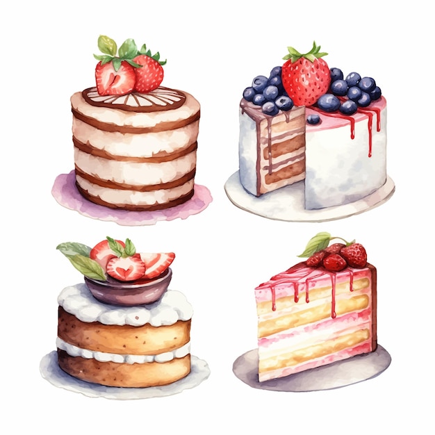 ケーキとケーキのスライス、レモン、イチゴ、チェリーの水彩クリップアート セット