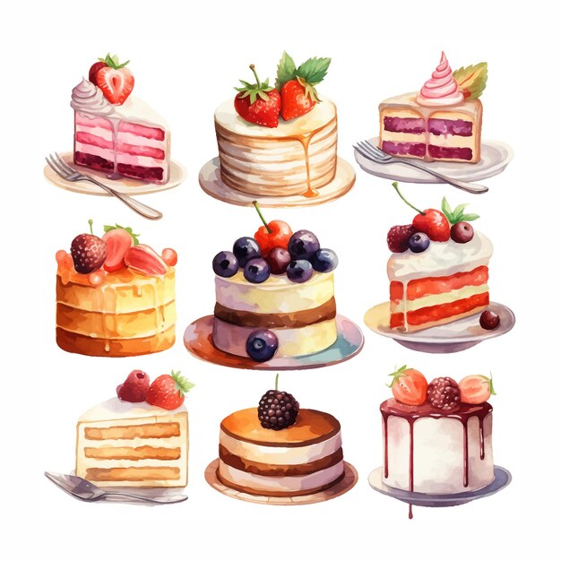 A watercolor clipart set of cakes and cake slices lemon strawberry and cherry