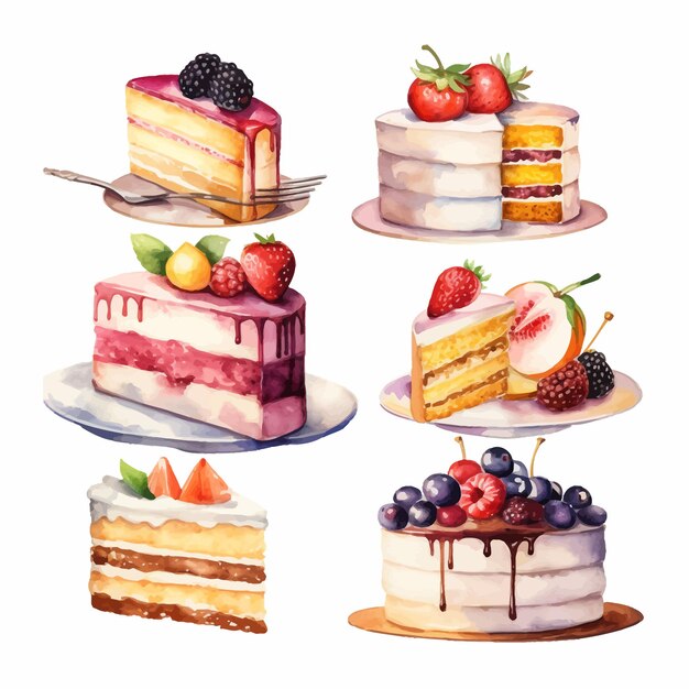 A watercolor clipart set of cakes and cake slices lemon strawberry and cherry