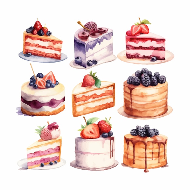 케이크와 케이크 조각 레몬 딸기와 체리의 수채화 클립 아트 세트