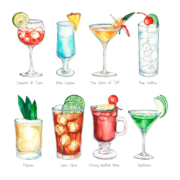 Free vector watercolor cocktail collection