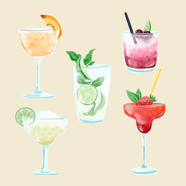 Vettore gratuito pacchetto dell'illustrazione del cocktail dell'acquerello