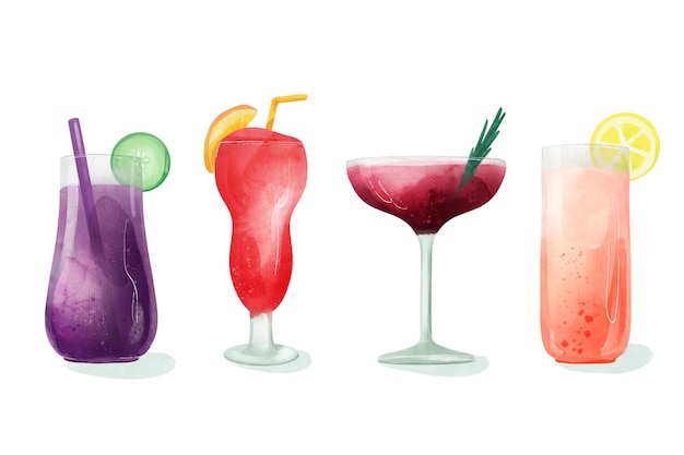 Watercolor cocktail illustration set