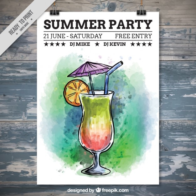 Free vector watercolor cocktail summer party poster