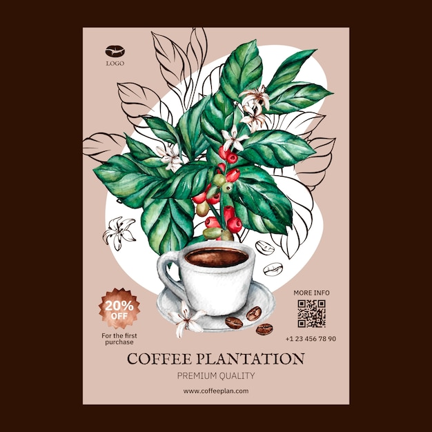 수채화 커피 농장 포스터 템플릿