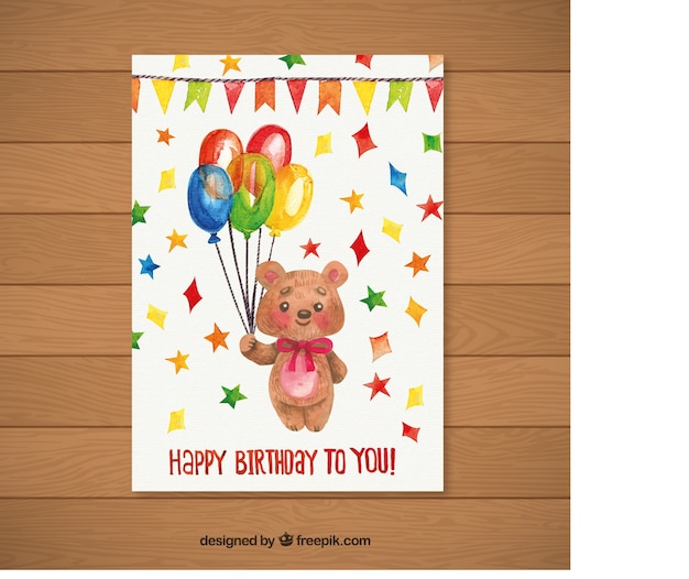 Watercolor colorful birthday card with a nice bear