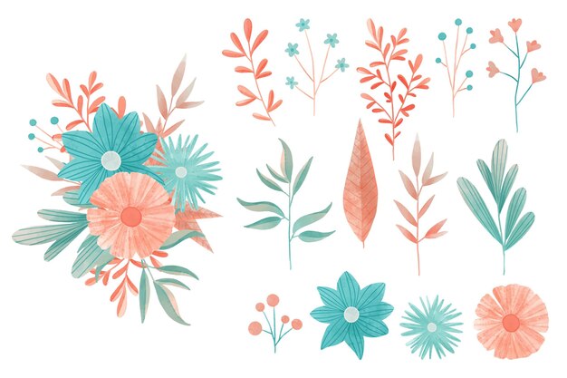 Watercolor colorful floral elements set