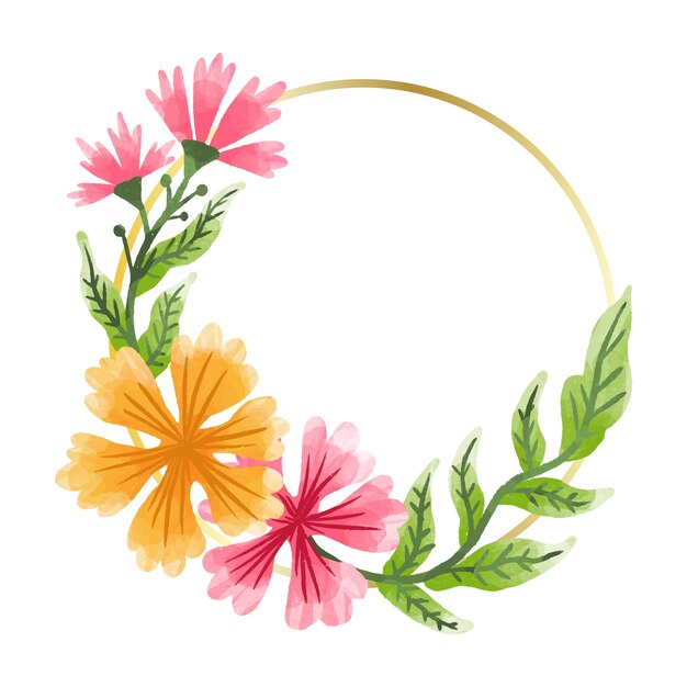 Watercolor colorful flowers circular frame