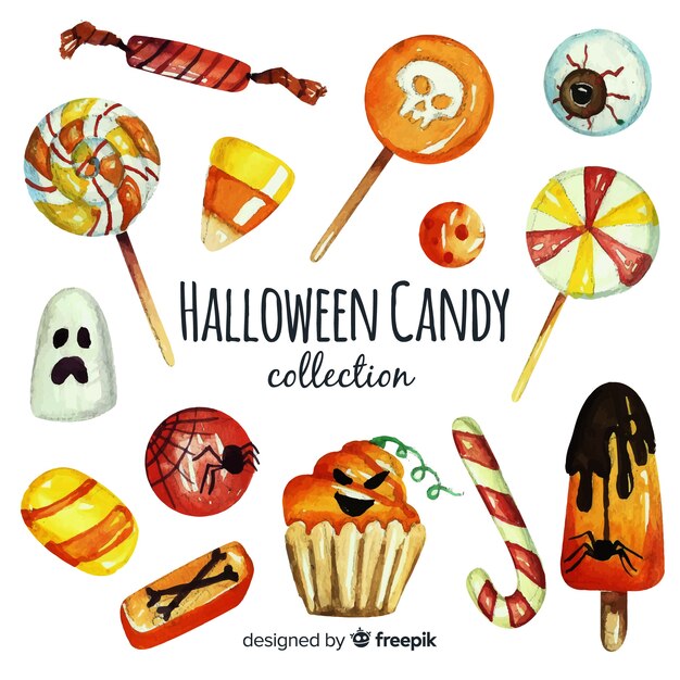 Watercolor of colorful halloween candy collection