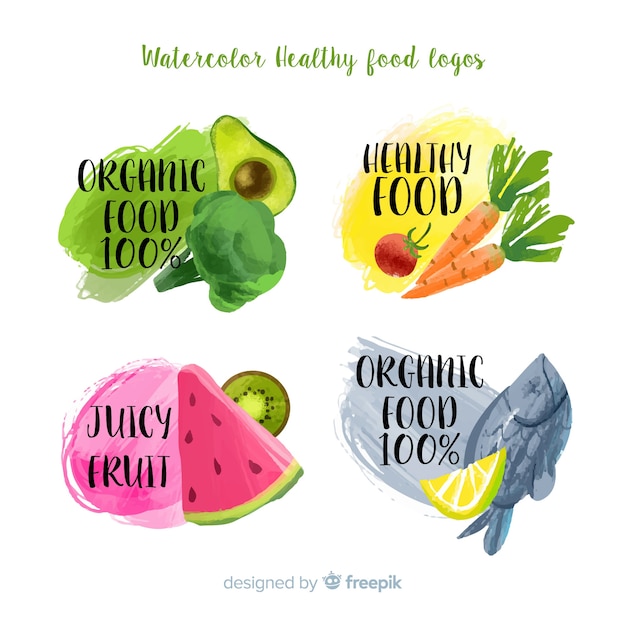 Watercolor colorful healthy food label pack