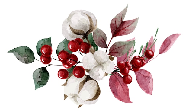 면화 열매와 잎의 수채화 구성 스티커 책 디자인을 위한 그림
