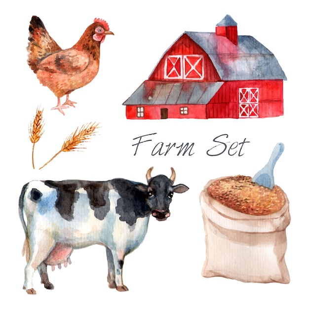 Free vector watercolor concept farm set with cow hen and grain