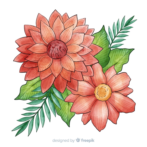 Free vector watercolor coral flower with leaves