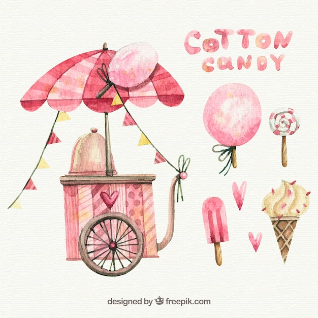 Watercolor cotton candy cart, lollipop and ice creams