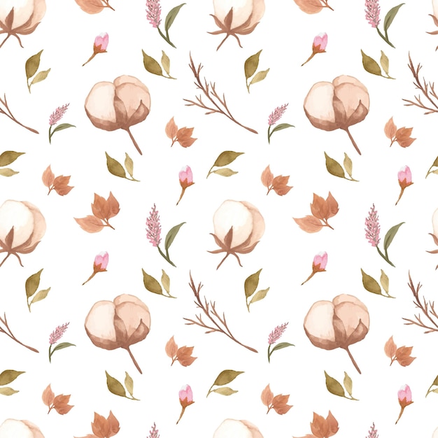 Watercolor Cotton Flower Seamless Pattern