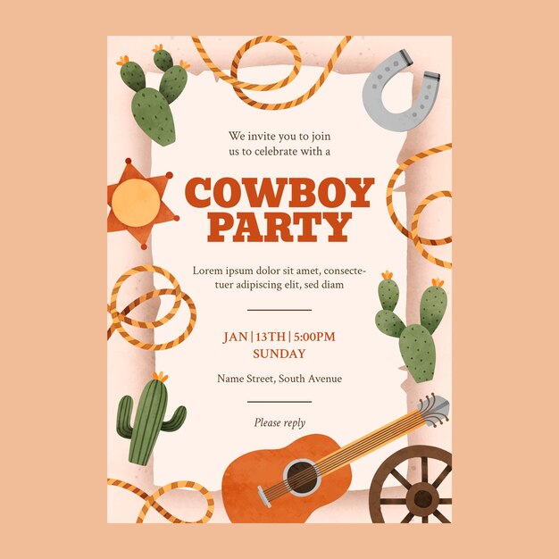 Watercolor cowboy party invitation template