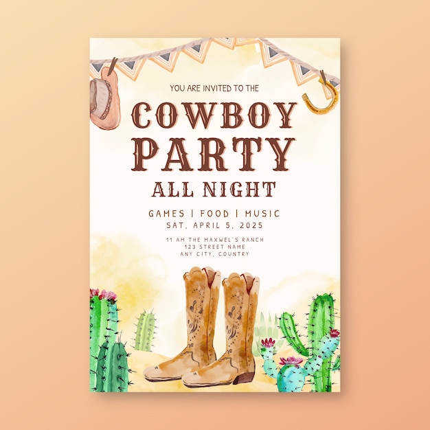 Free vector watercolor cowboy party invitation