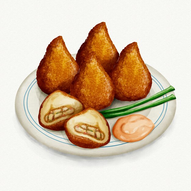 녹색 양파와 수채화 coxinha 그림