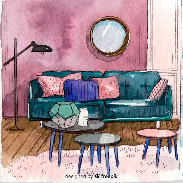 Watercolor cozy home interior