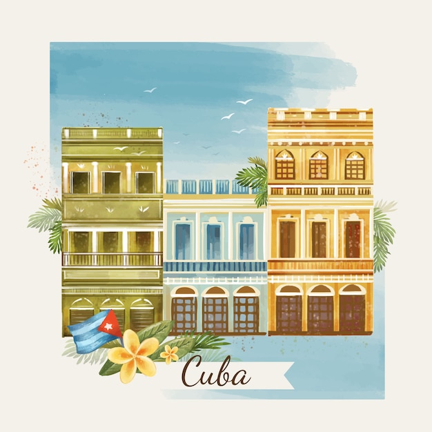 Бесплатное векторное изображение Акварельная кубинская иллюстрация