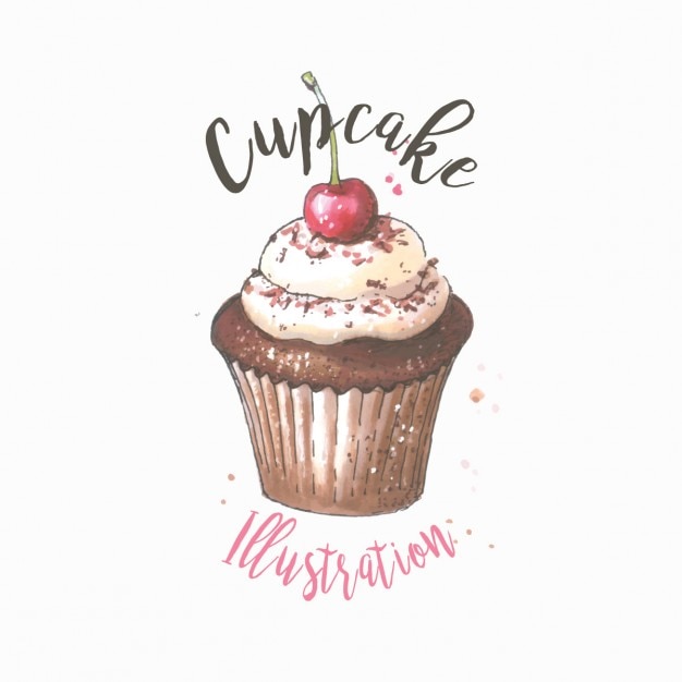 Watercolor cupcake with cherry illustration