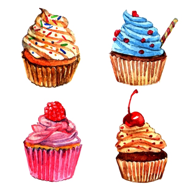 Vettore gratuito set di icone di cupcakes dell'acquerello