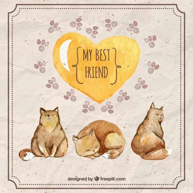 Watercolor cute cats with a yellow heart