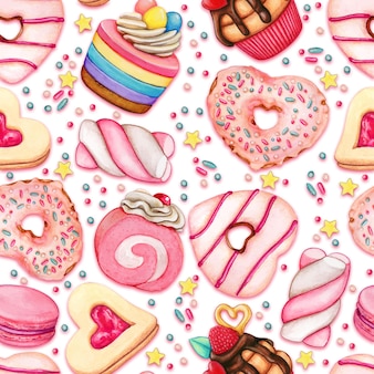 수채화 귀여운 도넛과 컵 케 익 패턴 발렌타인 데이