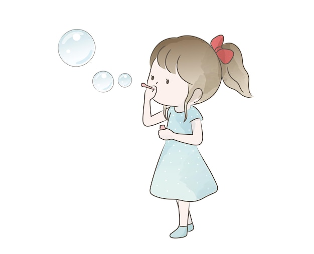 Watercolor Cute Girl Blowing Bubbles Isolated On A White Background Vector Naive Illustration