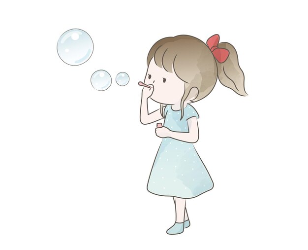 watercolor cute girl blowing bubbles isolated on a white background vector naive illustration