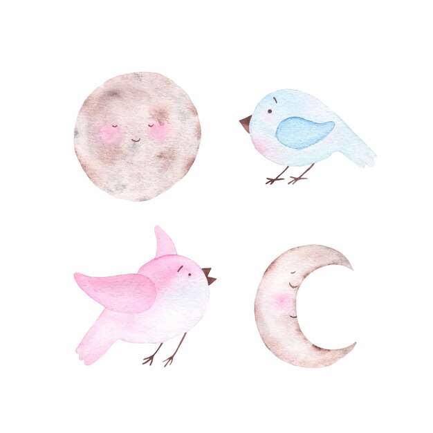 Watercolor cute moon crescent celestial body and birds