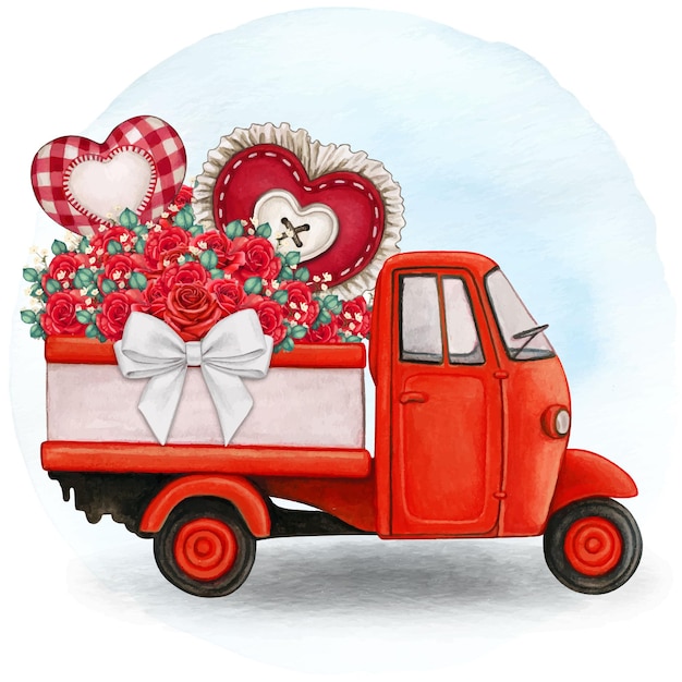 Watercolor cute red truck full of roses and hearts Premium Vector