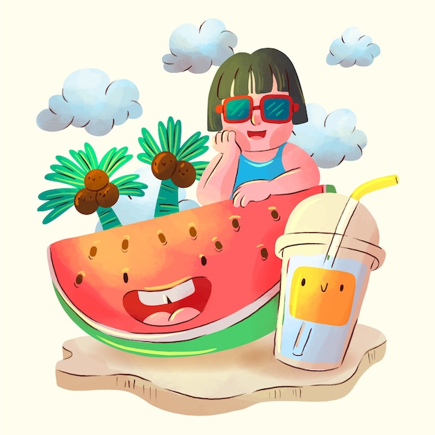 無料ベクター 水彩のかわいい夏のイラスト