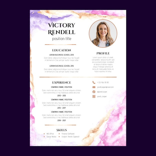 Free vector watercolor cv template design