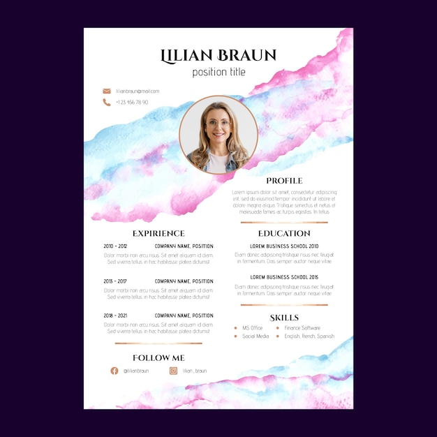 Free vector watercolor cv template design