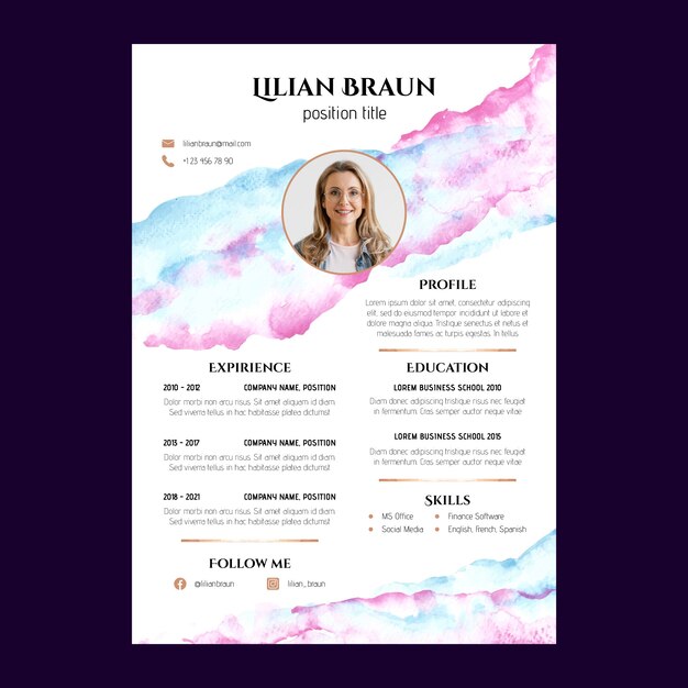 Watercolor cv template design