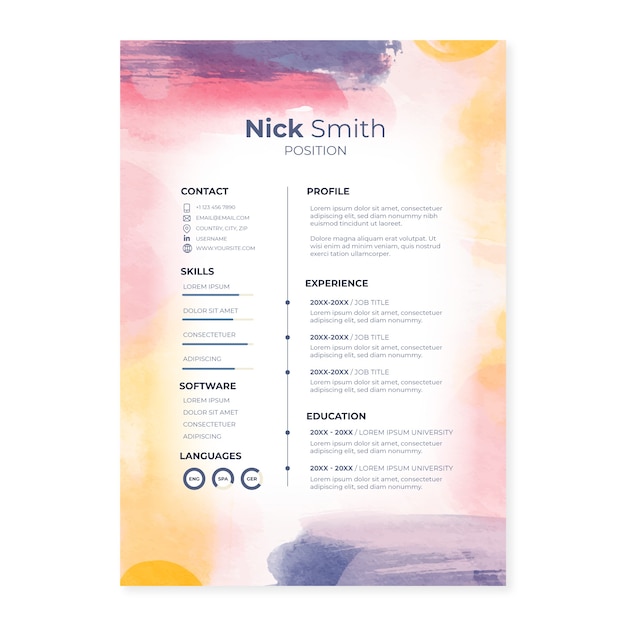 Free vector watercolor cv template