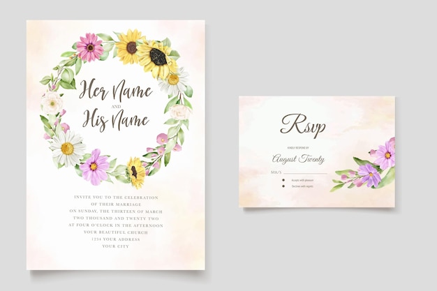 Watercolor daisy and sun flower invitation card set