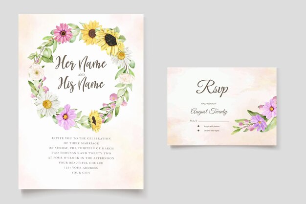 watercolor daisy and sun flower invitation card set