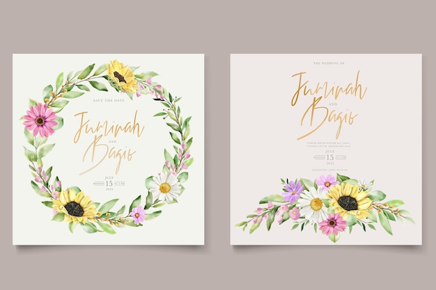 Free vector watercolor daisy and sun flower invitation card set