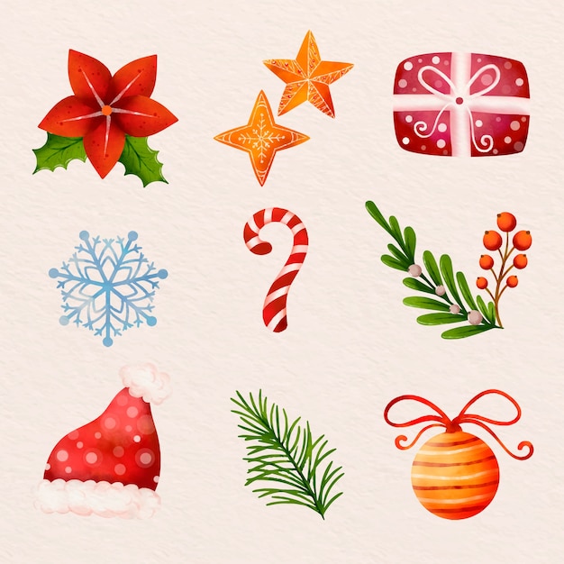 Free vector watercolor design elements collection for christmas season celebration