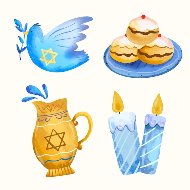 Collezione di elementi di design ad acquerello per la celebrazione ebraica di Hanukkah
