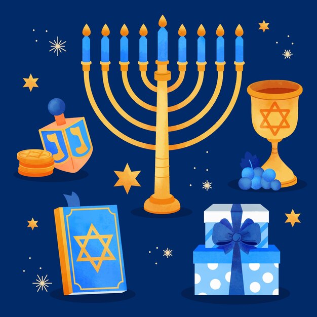 Watercolor design elements collection for jewish hanukkah holiday