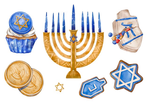 유대인 하누카 휴일을 위한 수채화 디자인 요소 컬렉션
