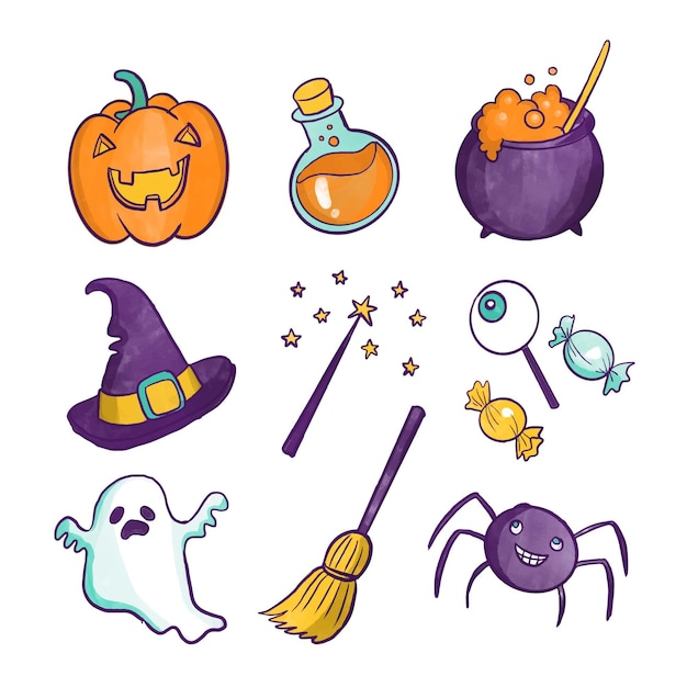 Vettore gratuito collezione di elementi di halloween di disegno ad acquerello