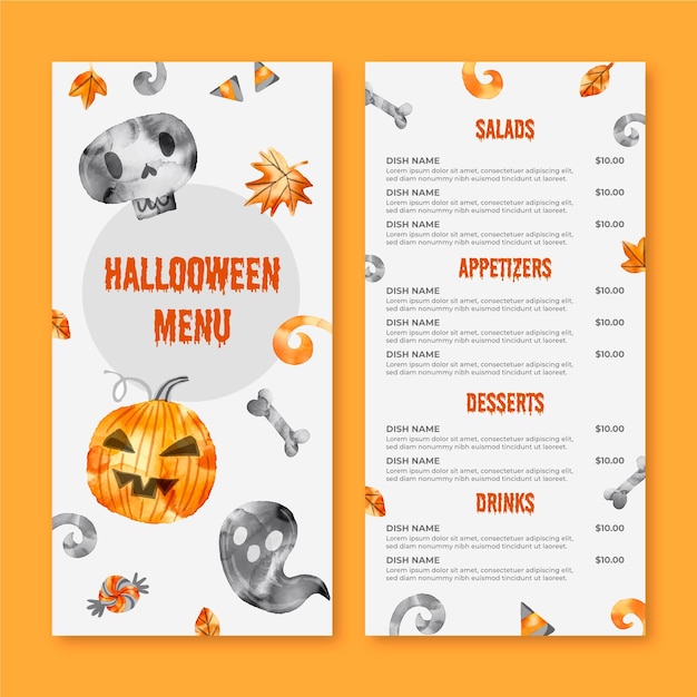 Modello di menu di halloween disegno ad acquerello