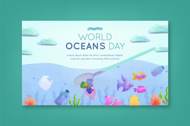 Watercolor design world oceans day banner