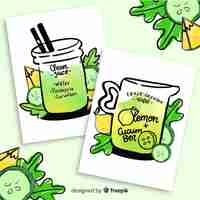 Free vector watercolor detox fruit juice cards