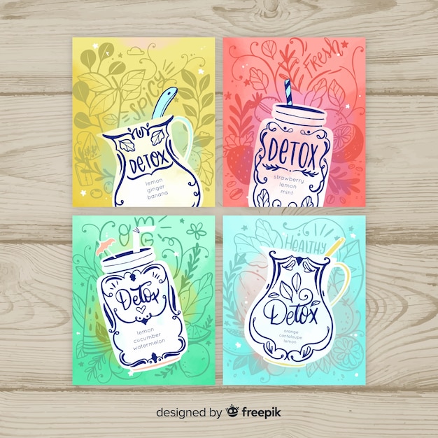 Free vector watercolor detox fruit juice cards