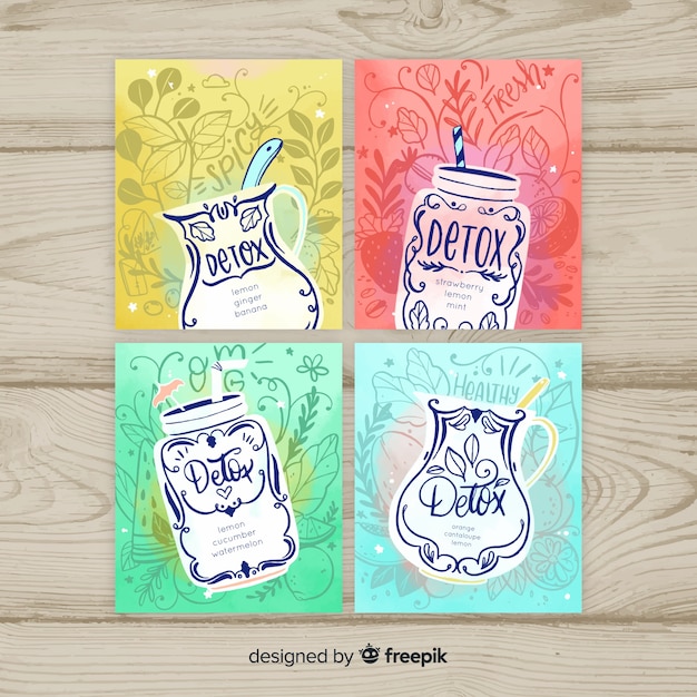 Watercolor detox fruit juice cards